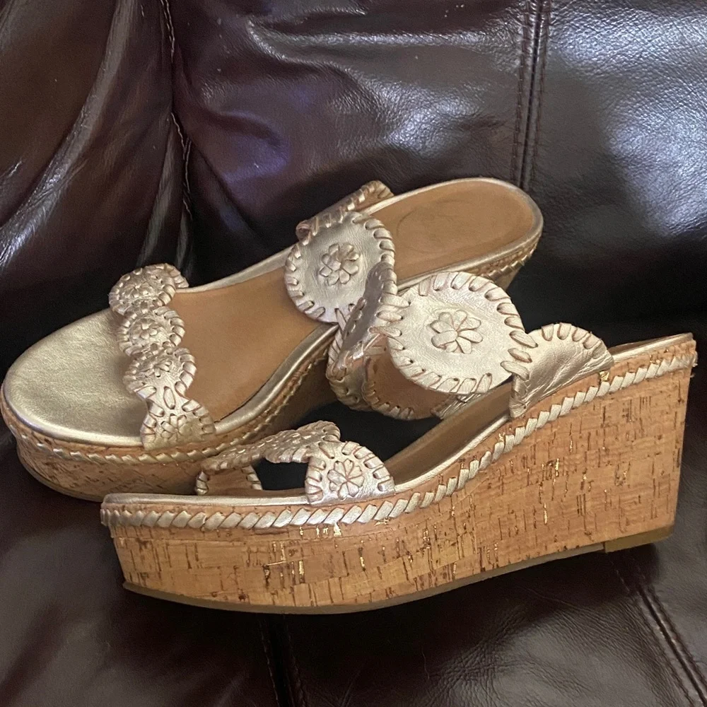 Jack Rogers Metallic Gold Wedge Sandals with Floral Medallions